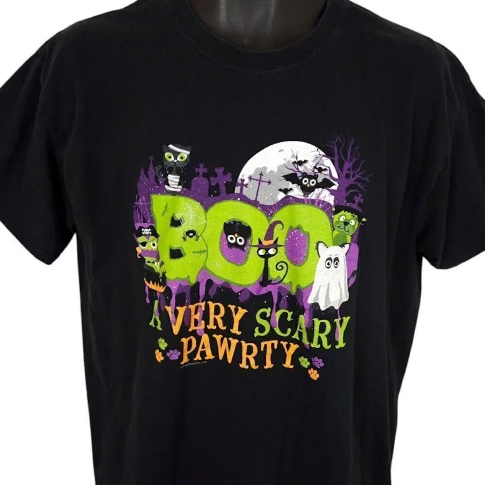 Halloween T Shirt Mens Size Large Black Boo Very Scary Pawrty Cute Dogs Cats